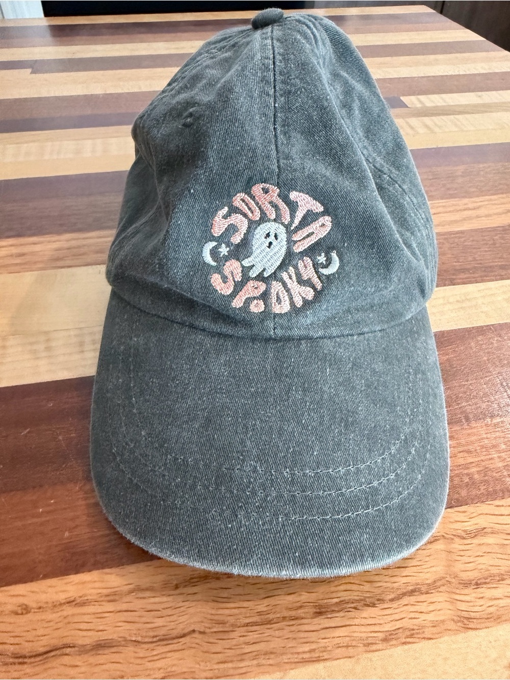 'Sorta Spooky' Embroidered Ghost Baseball Cap - Washed Green